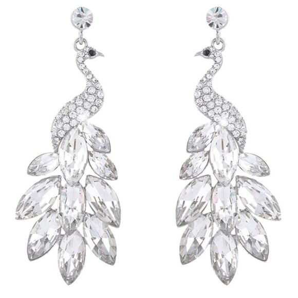 Silver with White Diamond and Onyx Austrian Crystal Peacock Chandelier Earrings - Picture 1 of 5